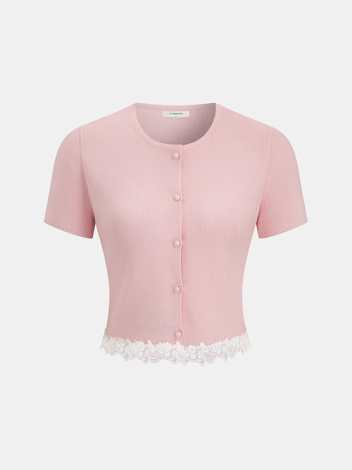 Ribbed Lace-Trim Short-Sleeve Cardigan