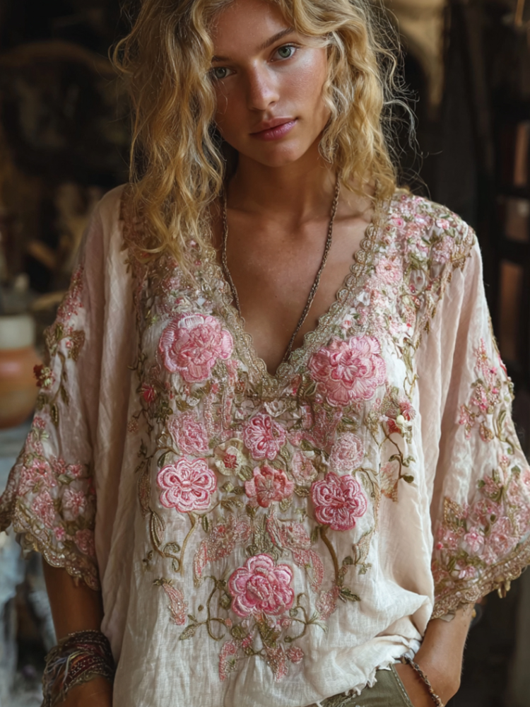 Bohème Pink Rose Embroidered Linen V-neck Short-sleeved Top