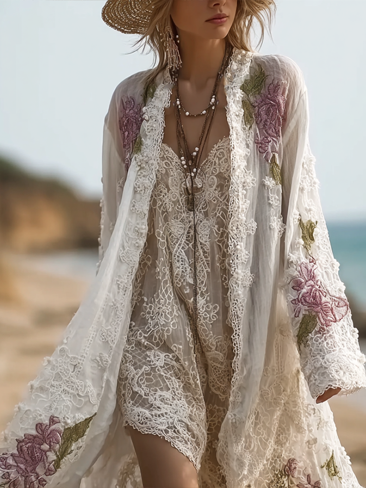 Women's Spring And Summer Linen Lace Patchwork Casual Long Cardigan