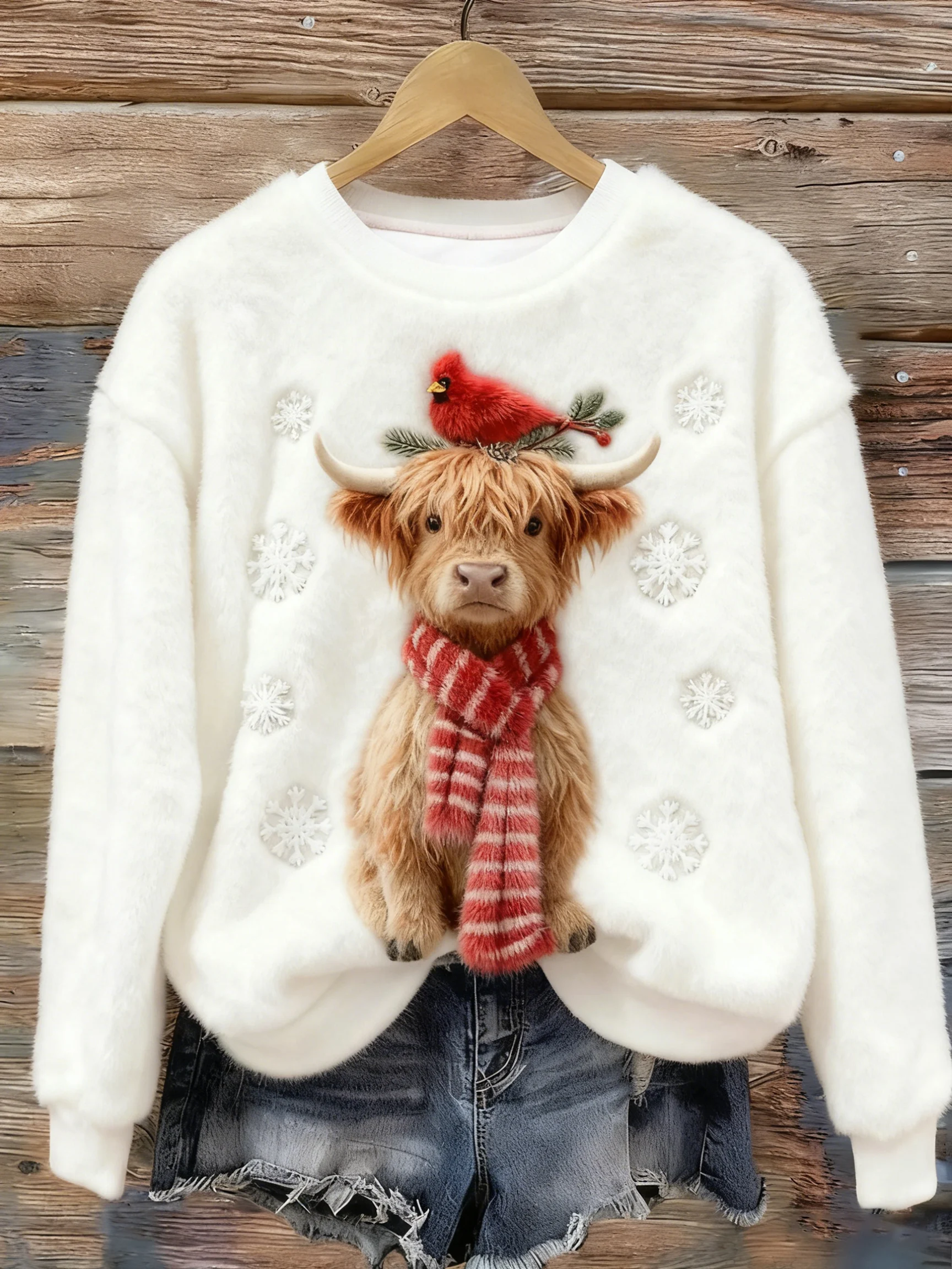 Women's Highland Cattle Print Flannel Sweatshirt
