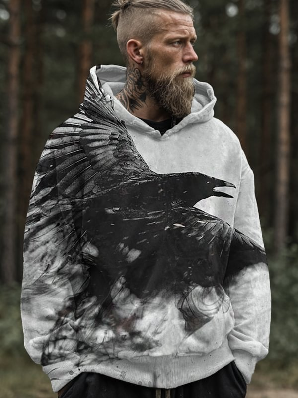 Men's Ink Art Viking Raven Print Hooded Jacket