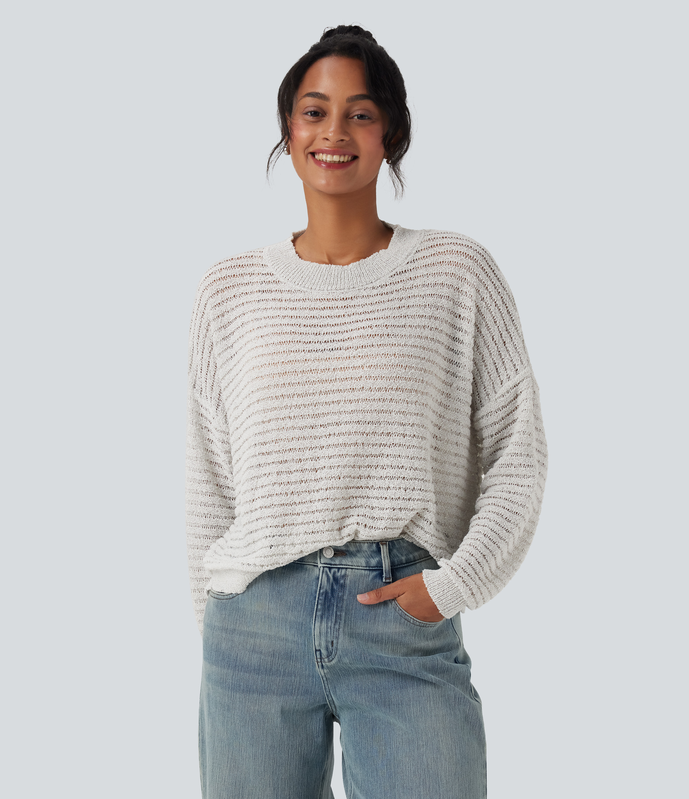 Round Neck Dropped Shoulder Relaxed Casual Sweater