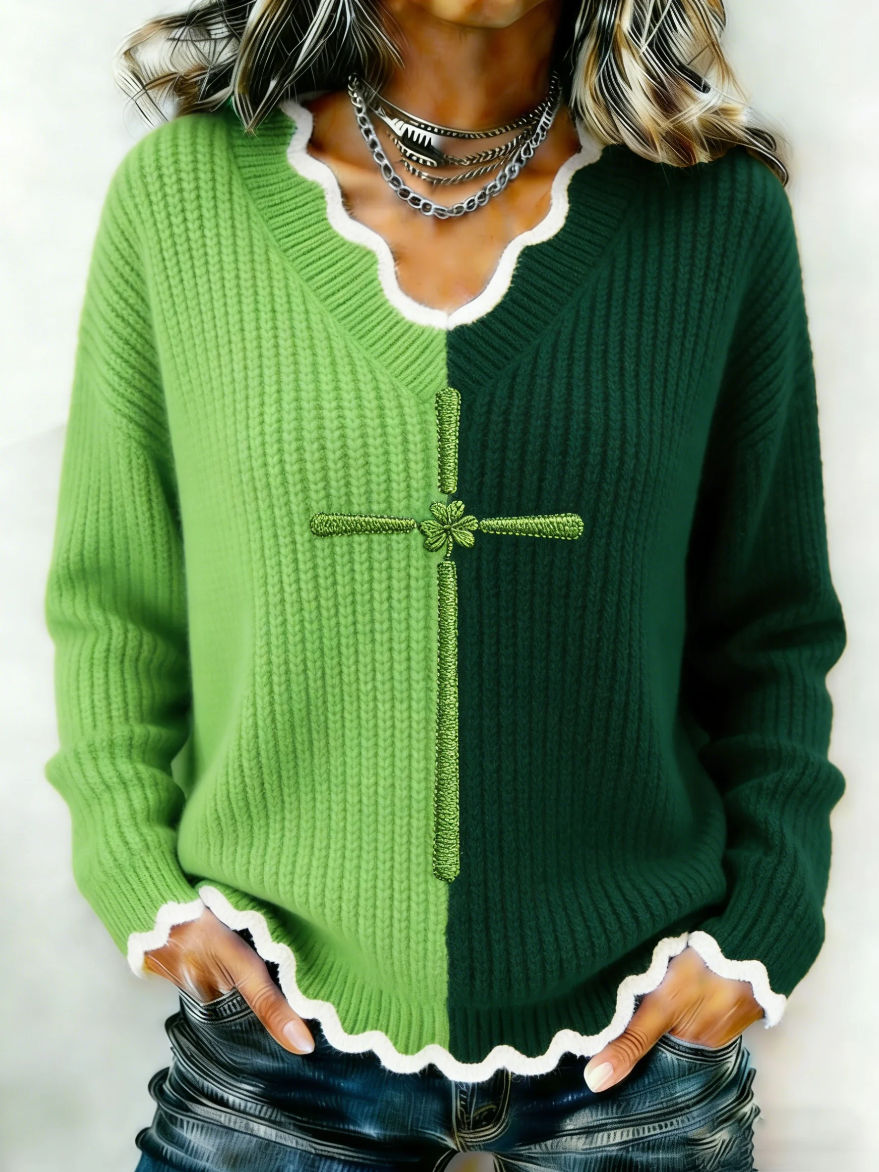 Women's Retro St. Patrick's Day Cross Print Knit Sweater-Fast Shipping