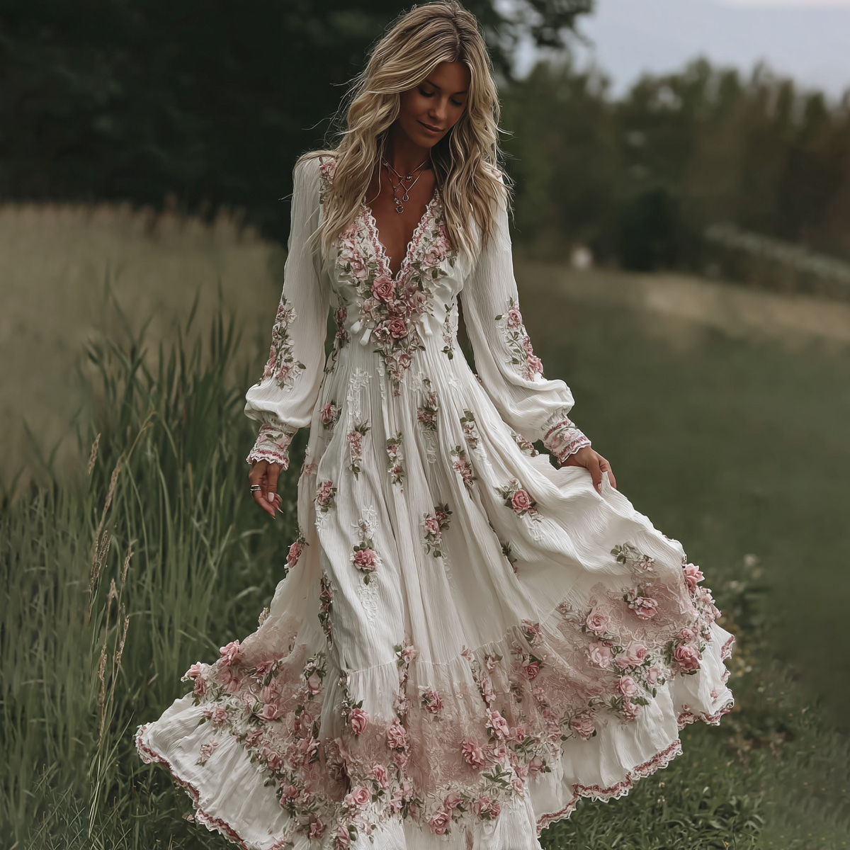 Women's Vintage Floral Art Linen Dress