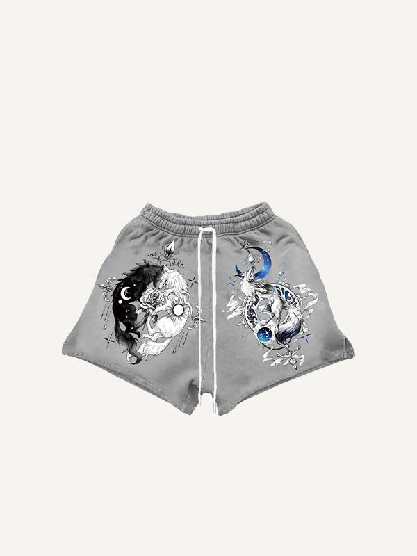 Wolf&Moon&Sun&Floral&Graphic Print Drawstring Waist Shorts