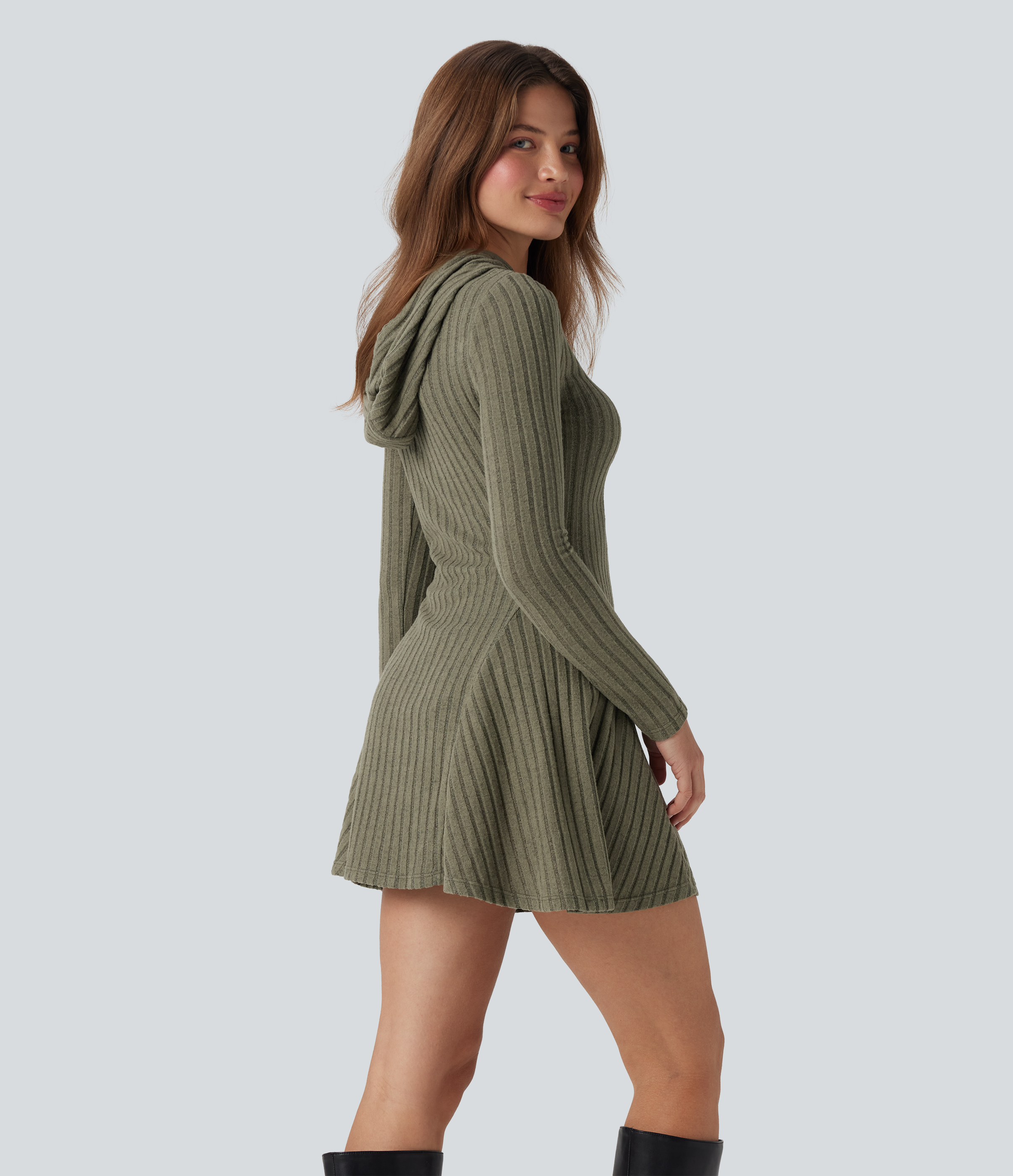 Ribbed Knit Hooded Drawstring Long Sleeve Mini Casual Dress