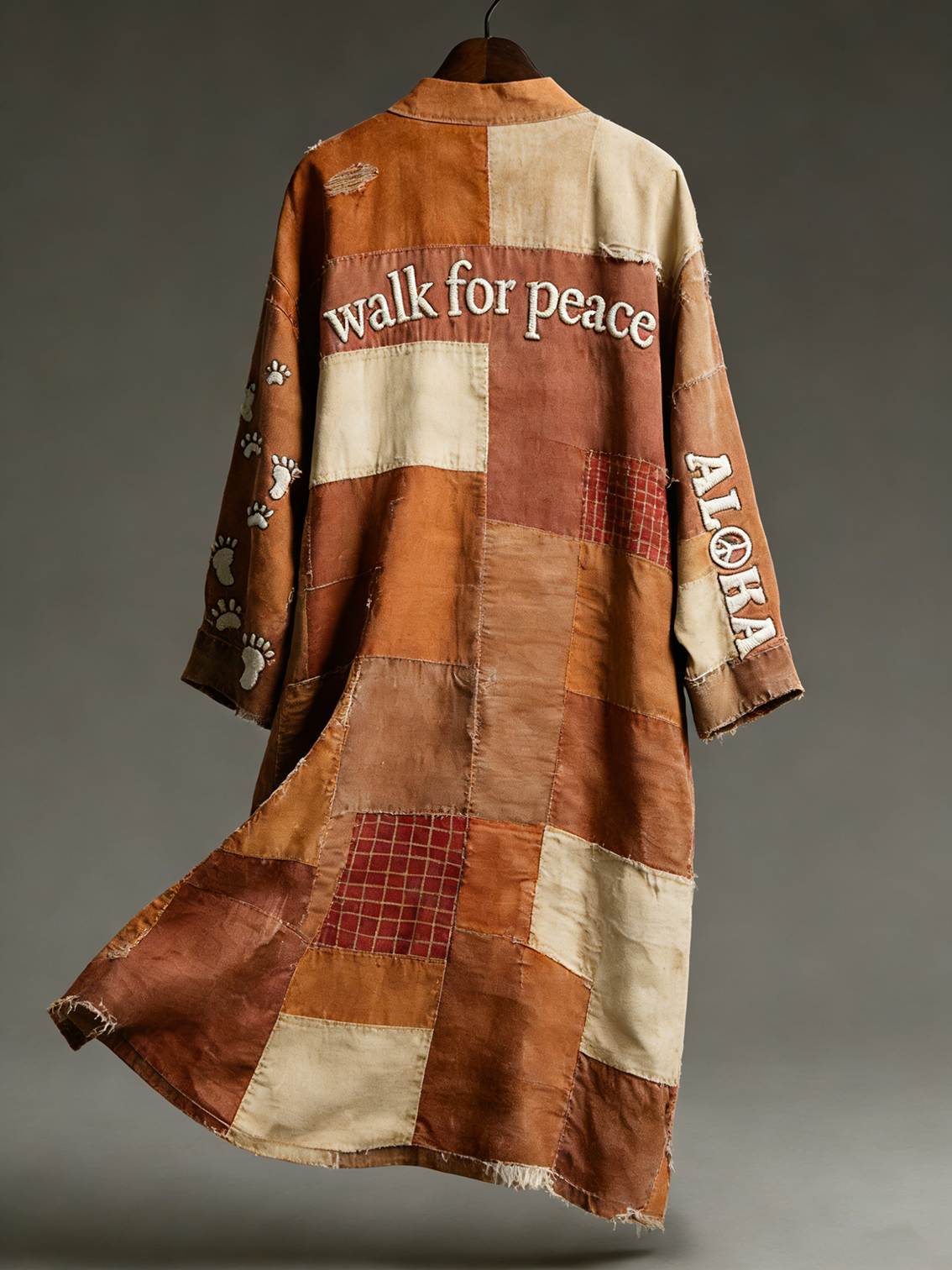 Vintage Peace For Walk Art In Patchwork Print Linen Long Kimono