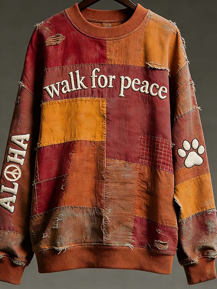 Women's Vintage Peace For Walk Art In Patchwork Print Crew Neck Sweatshirt