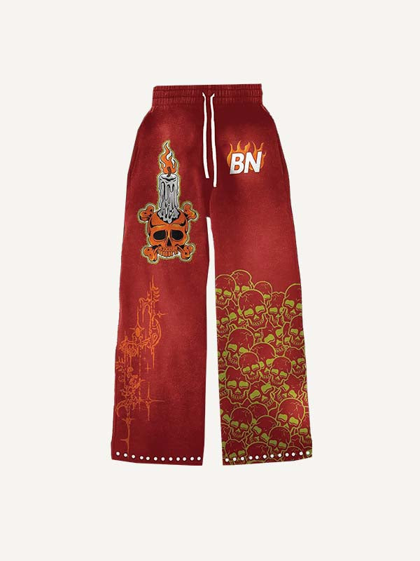 Skull&Candle&Fire Faux Decal Print Elastic Waist Pants