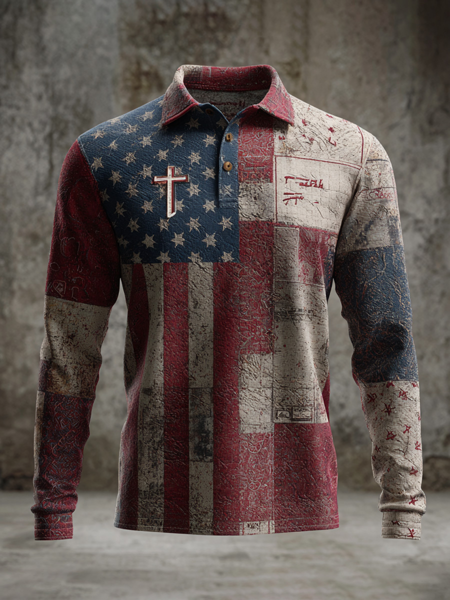 Faith Vintage American Flag Patchwork Print Long Sleeve Polo Shirt