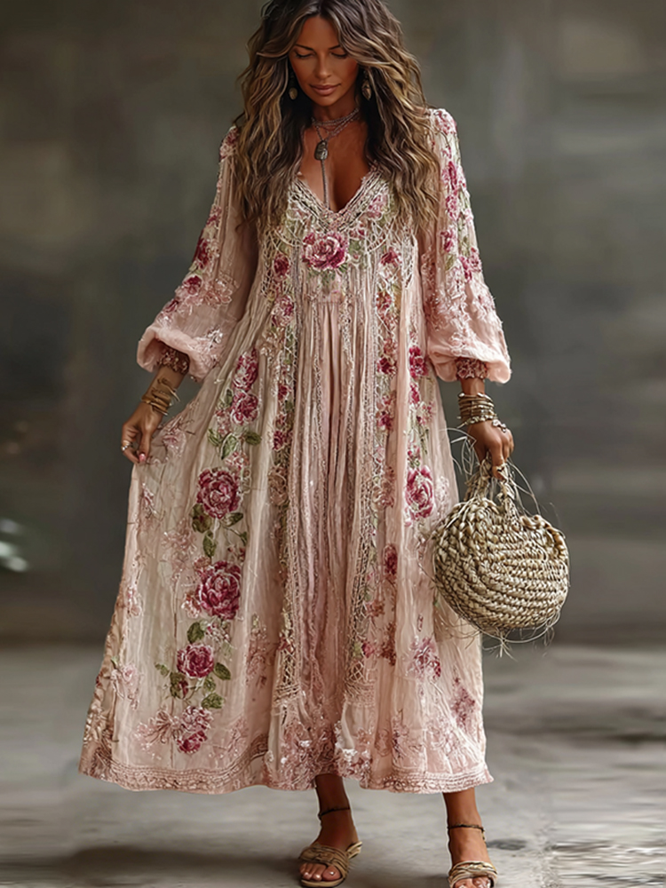 Women's Vintage Retro Floral Art Flowy Linen Blend Casual Long Sleeve Maxi Dress