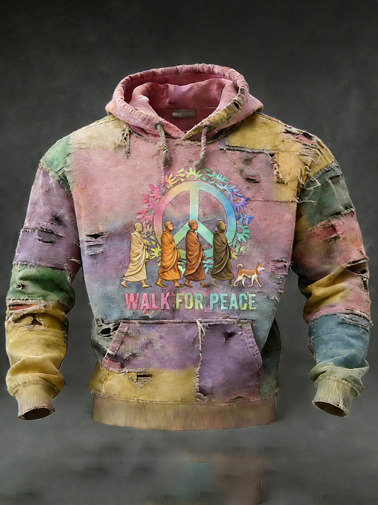 Love In Every Step Walk For Peace And Ice Out Artistic In Patchwork Art Print Distressed Hoodie