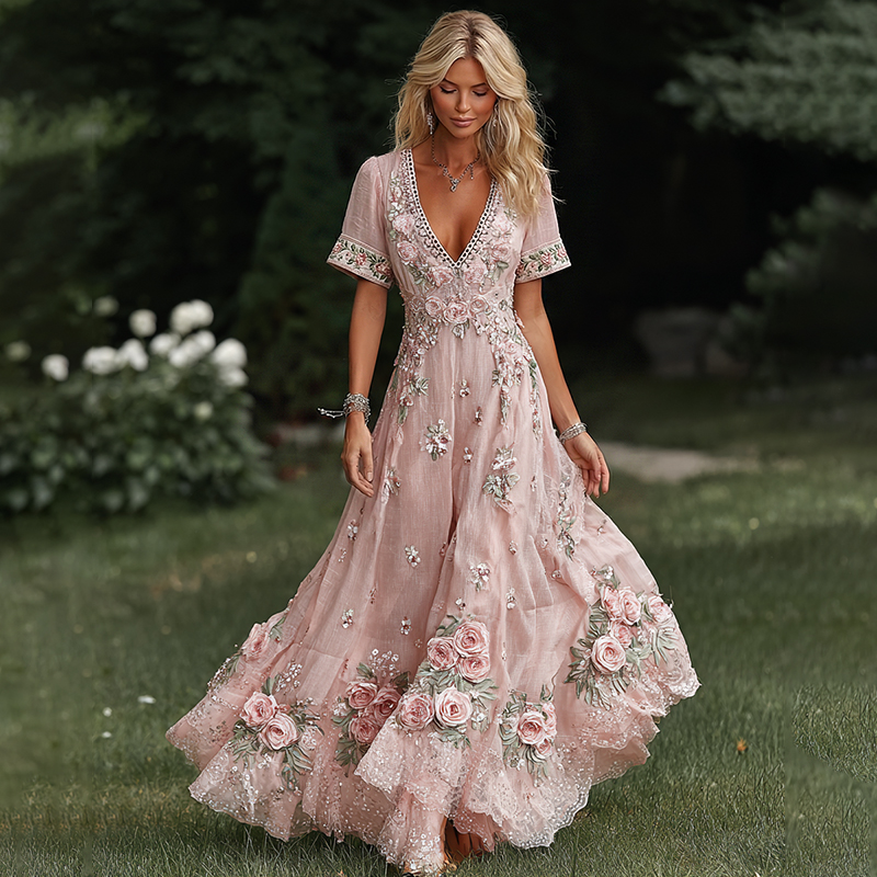 Women's Vacation Rose With Floral Print Short Sleeve Dress