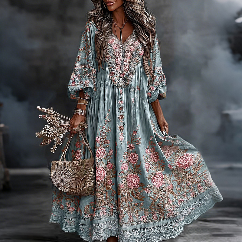 Women's Retro Floral Art Flowy Linen Blend Casual Long Sleeve Maxi Dress