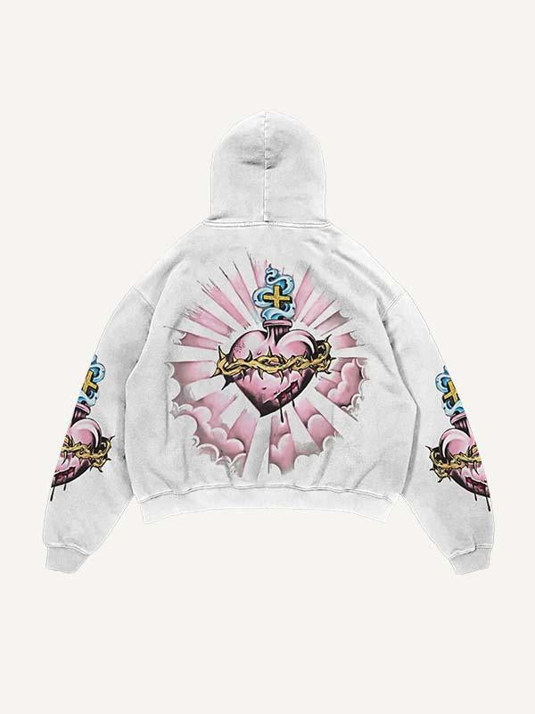 Pray Letter&Heart&Palm Print Slant Pockets Hoodie