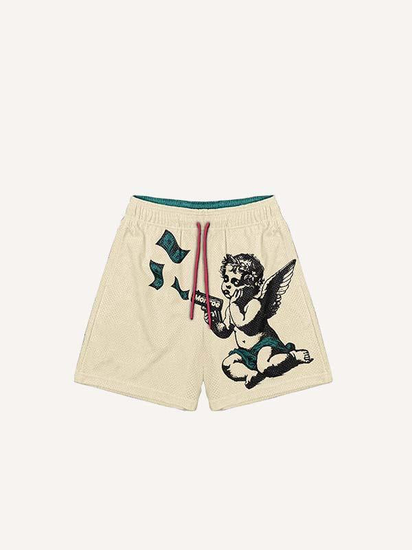 Angel&Letter&Money Print Elastic Waist Shorts