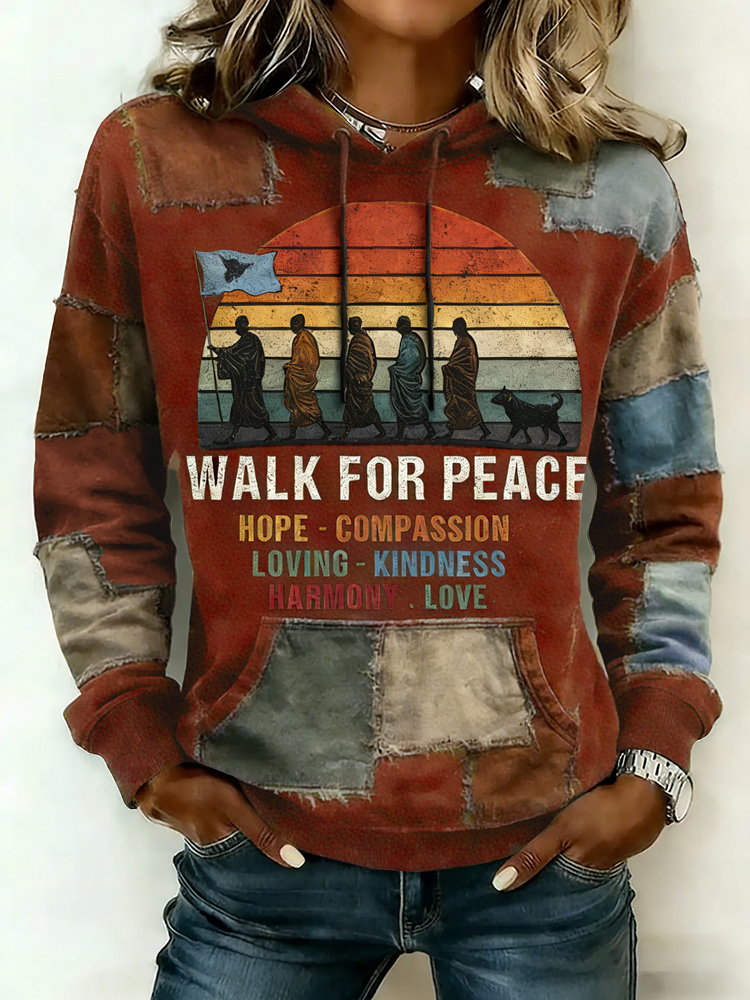 Walk For Peace Artistic Patchwork Print Women's Hoodie