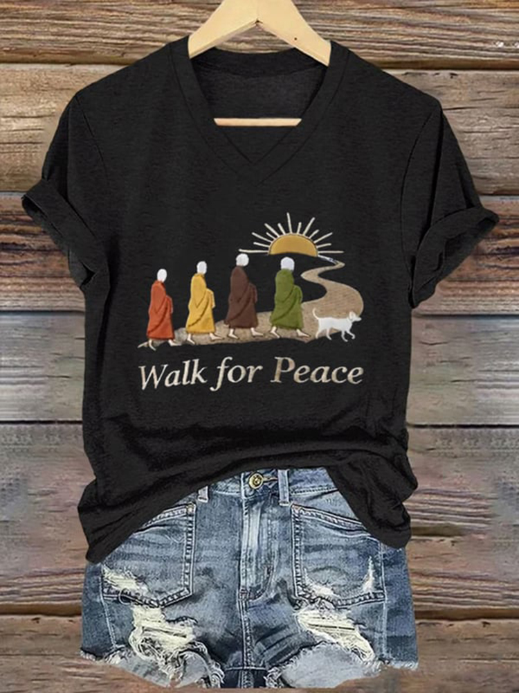 Retro Peace Monk Aloka Dog Print V-neck T-shirt