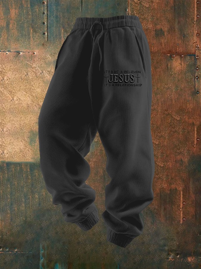 Men's It'S Not A Religion Jesus It'S A Relationship Print Textured Casual Loose Sweatpants