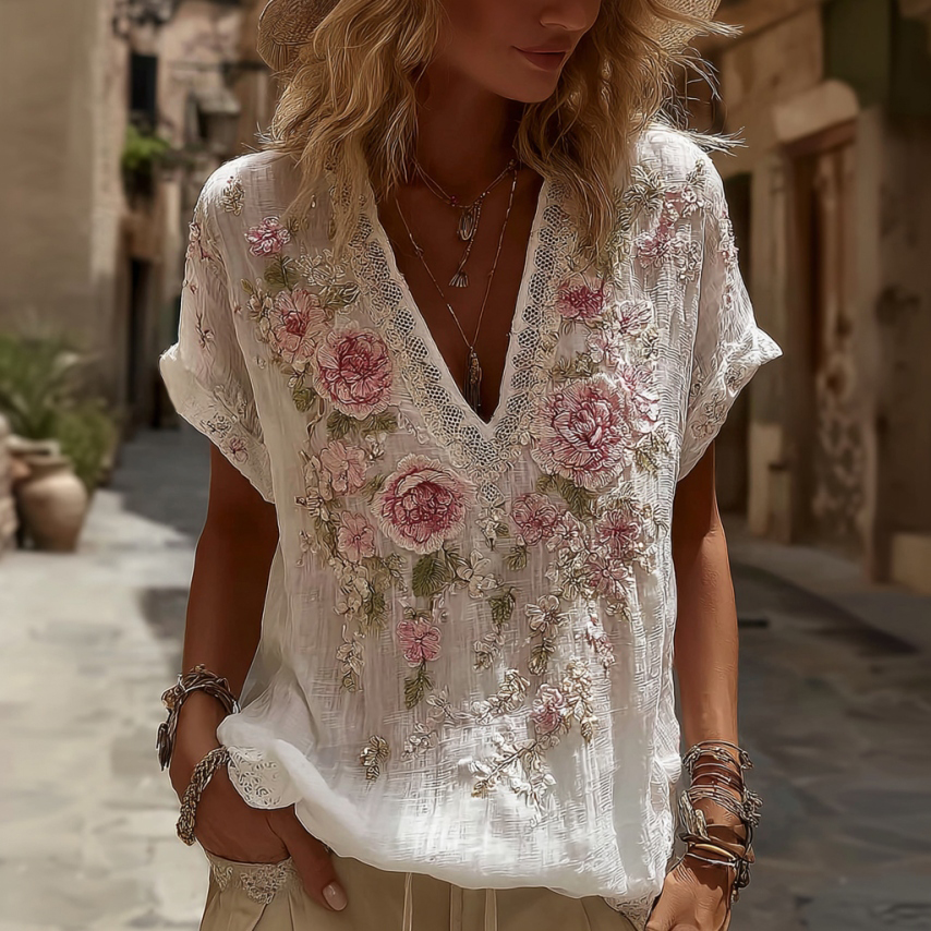 Women's Floral Embroidery Long-sleeved Linen Blend T-shirt