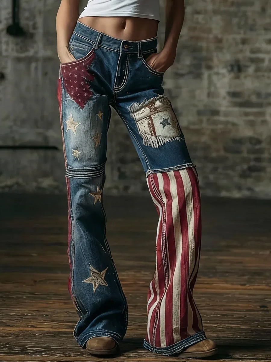 Women's American Flag  Inspired Print Vintage Washed Jeans