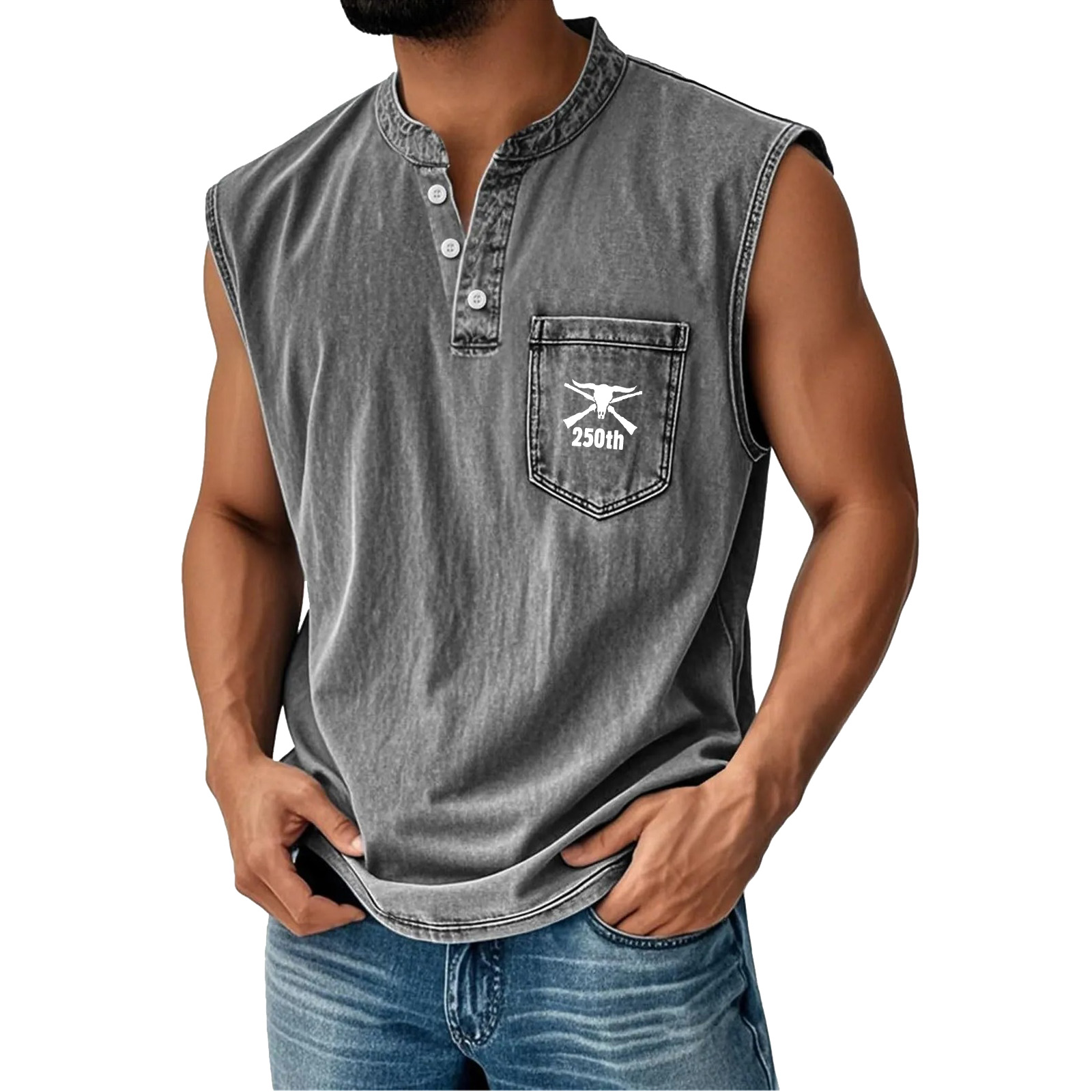 Men's Washed Cotton Sleeveless Henley Vest