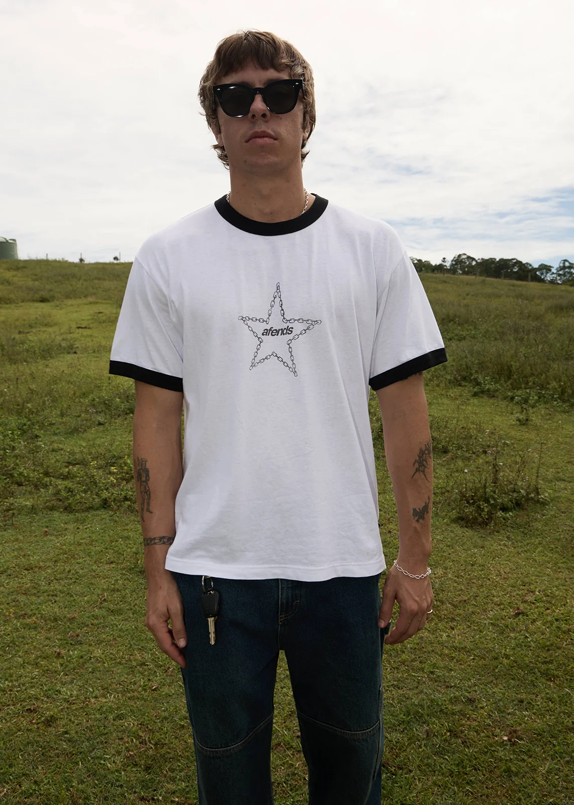 AFENDS Mens Chains - Boxy Ringer Tee - White