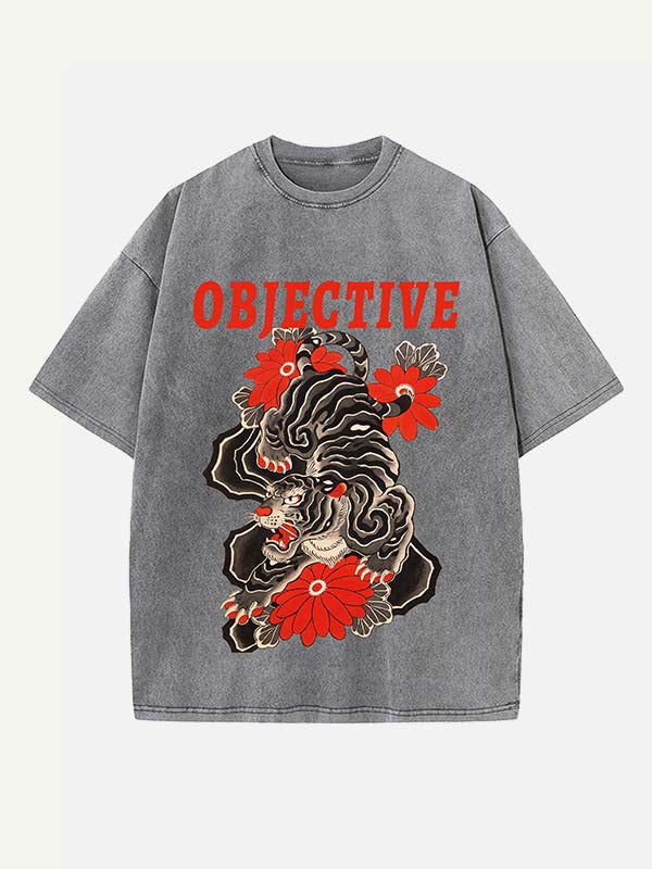 Distressed Washed Tiger&Floral&Letter Print Round Neck T-shirt