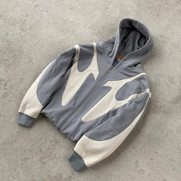 Contrast Color Splicing Print Gray Zipper Hoodies