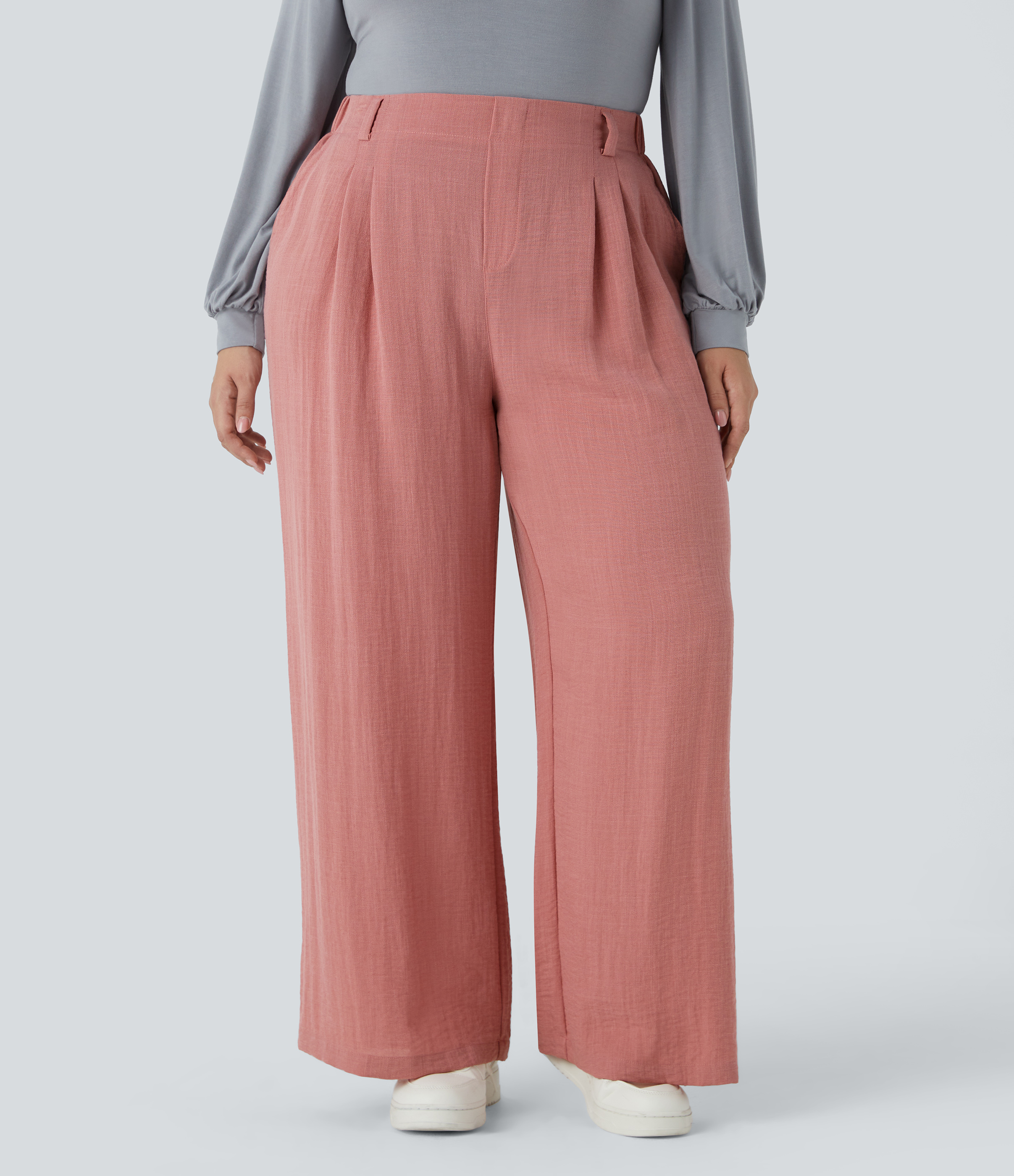 High Waisted Pocket Wide Leg Flowy Casual Linen-Feel Plus Size Pants