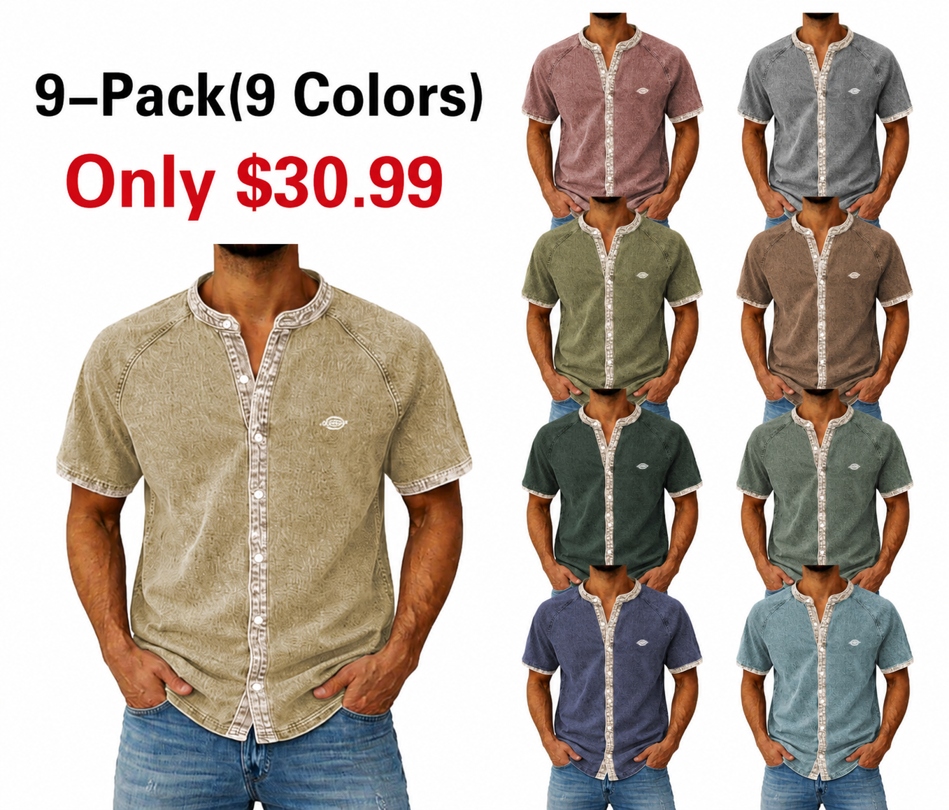 Men's Heavyweight Washed Henley Shirt with Distressed Finish