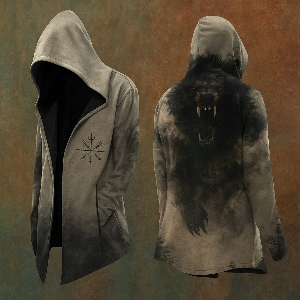 Men's Viking Wood Runes Fenrir Wolf Vintage Nordic Totem Hooded Jacket