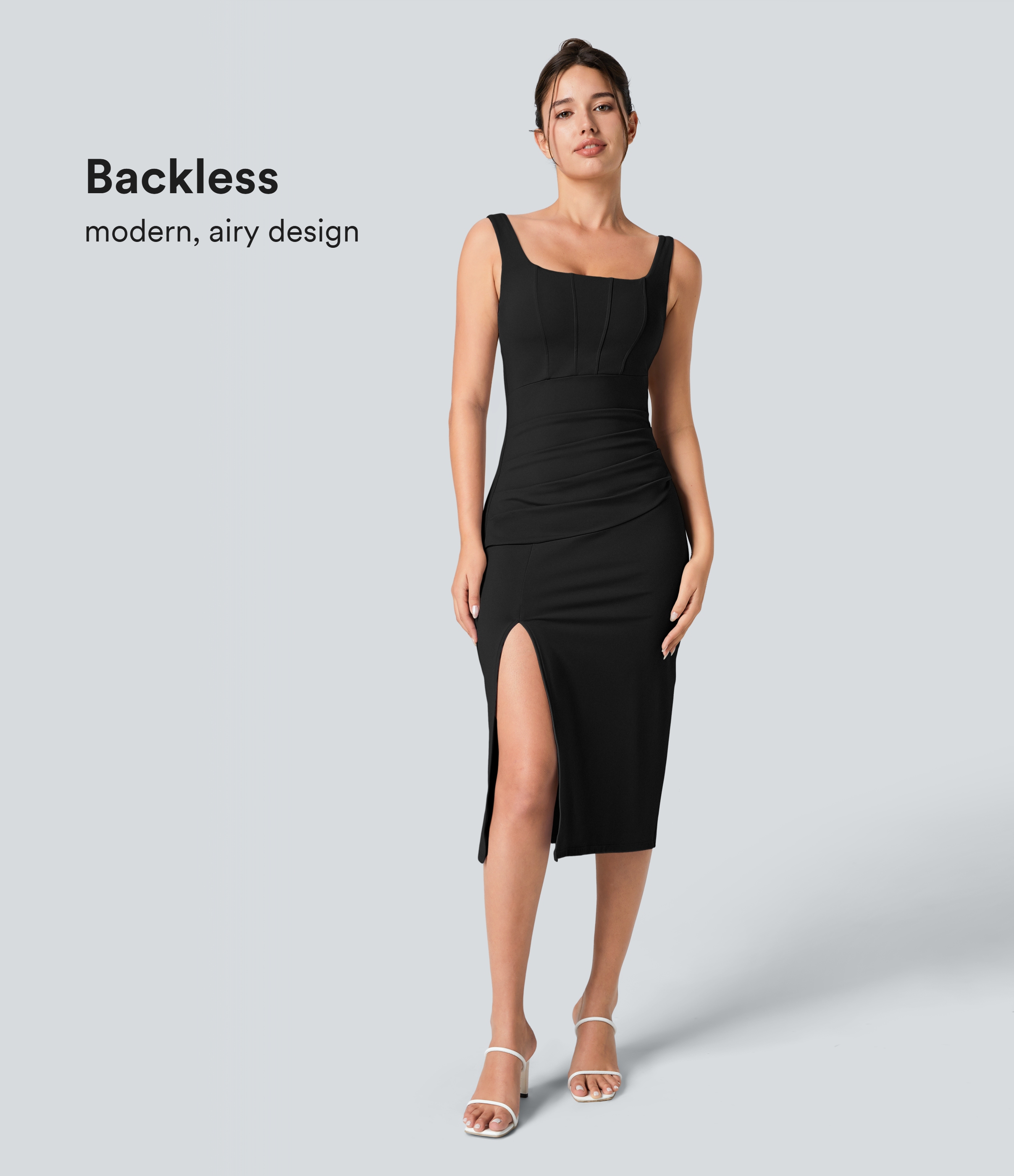 Softlyzero™ Airy Square Neck Backless Corset Ruched Split Bodycon Midi Cool Touch Bridesmaid and Wedding Guest Dress