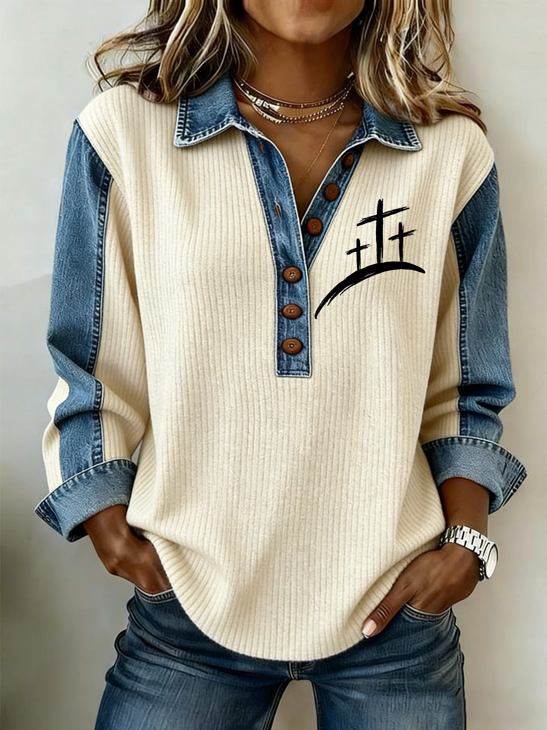 Women's Faith Printed Collar Button-Down Knit Top-Fast Shipping