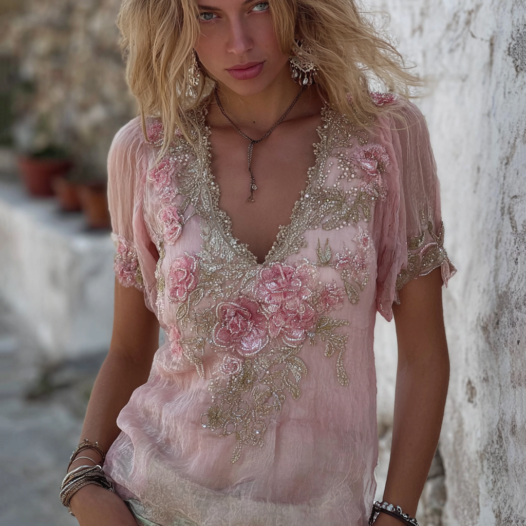 Boho Glitter Pink Roses Lace Flowy Linen Tunic