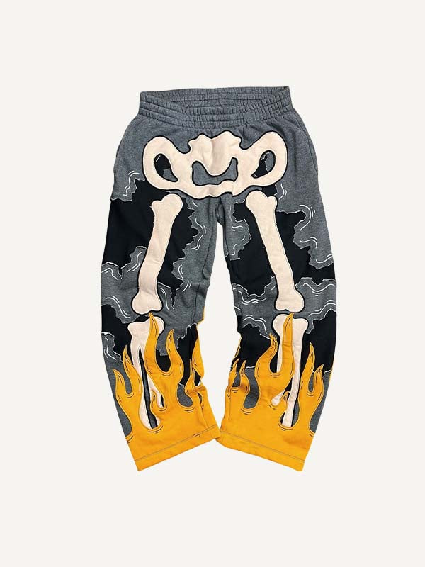Colorblock Skeleton&Fire Faux Decal Print Elastic Waist Pants