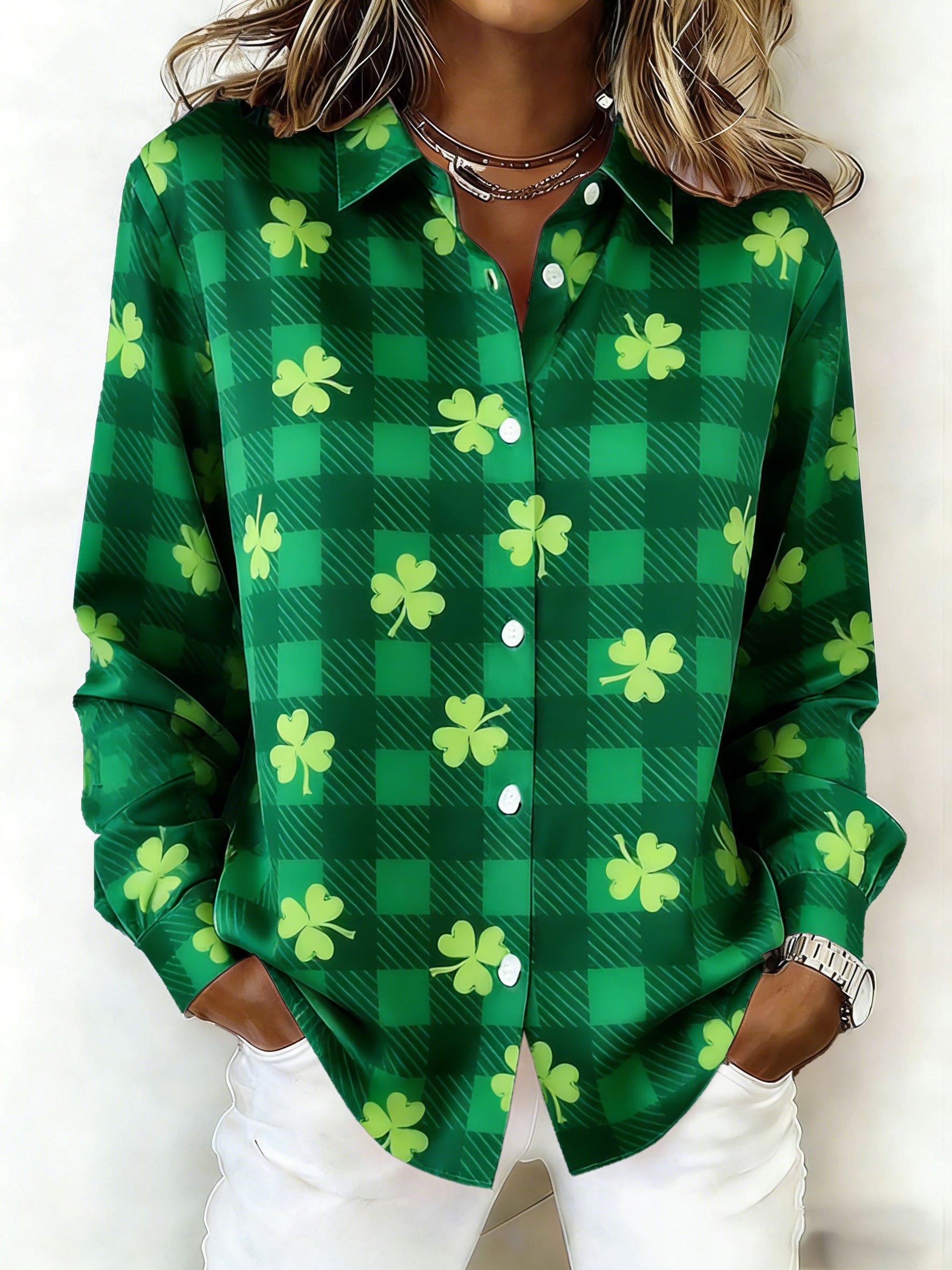 Women's St. Patrick's Day Plaid Print Long-Sleeved Shirt