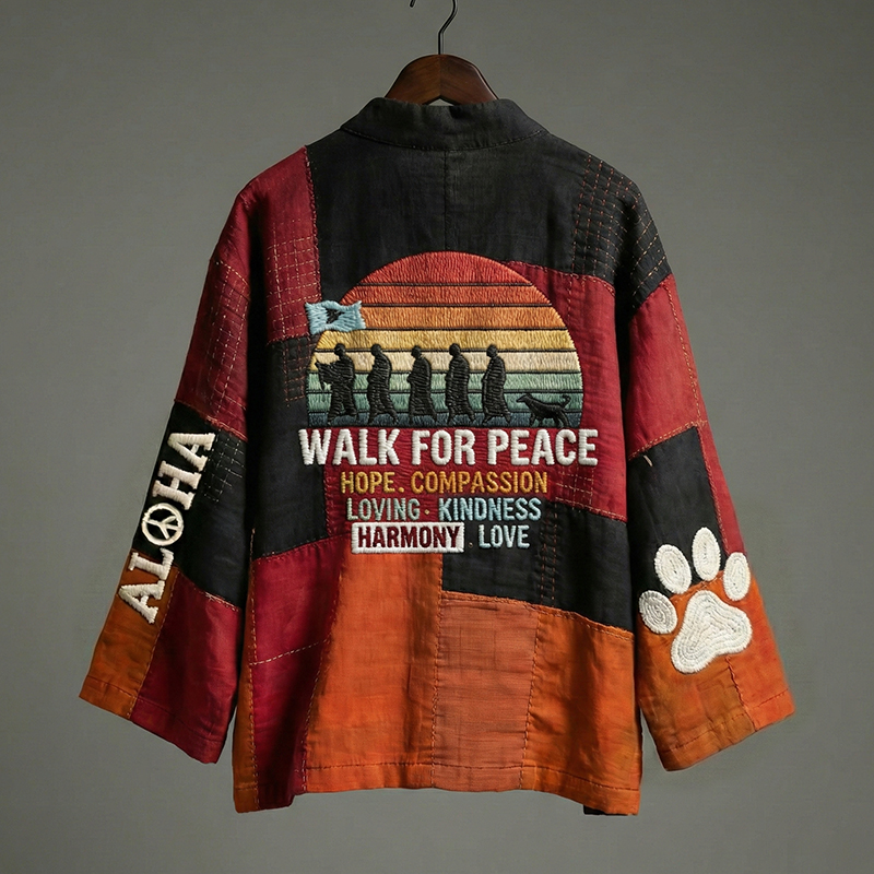 Peace Walking With Aloka Dog Art In Patchwork Print Linen Short Kimono