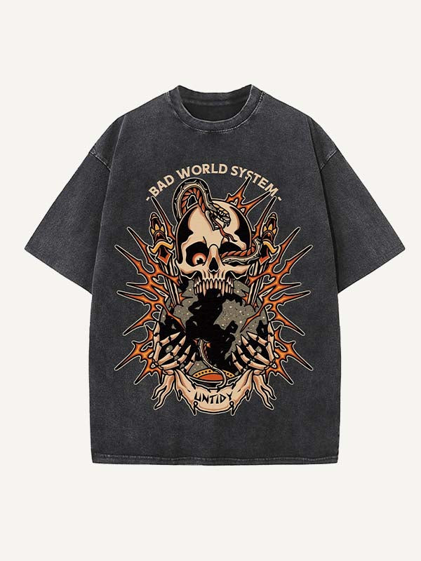 Distressed Washed Skull&Snake&Graphic&Letter Print Round Neck T-shirt