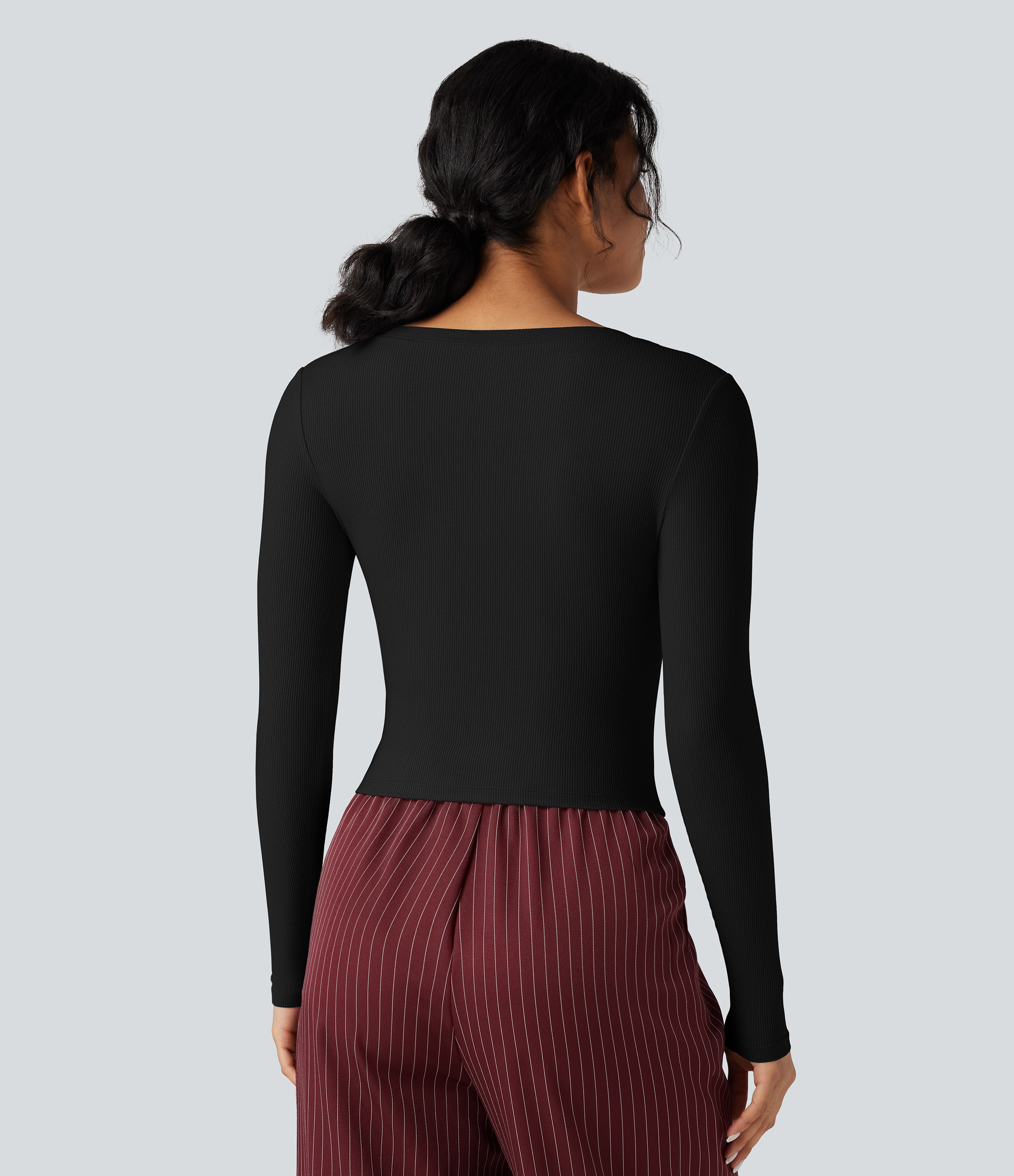 Ribbed Knit V Neck Long Sleeve Cropped Work T-Shirt