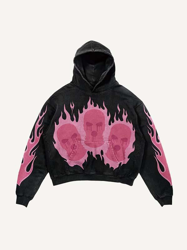 Hooded Figure&Fire Print Slant Pockets Hoodie