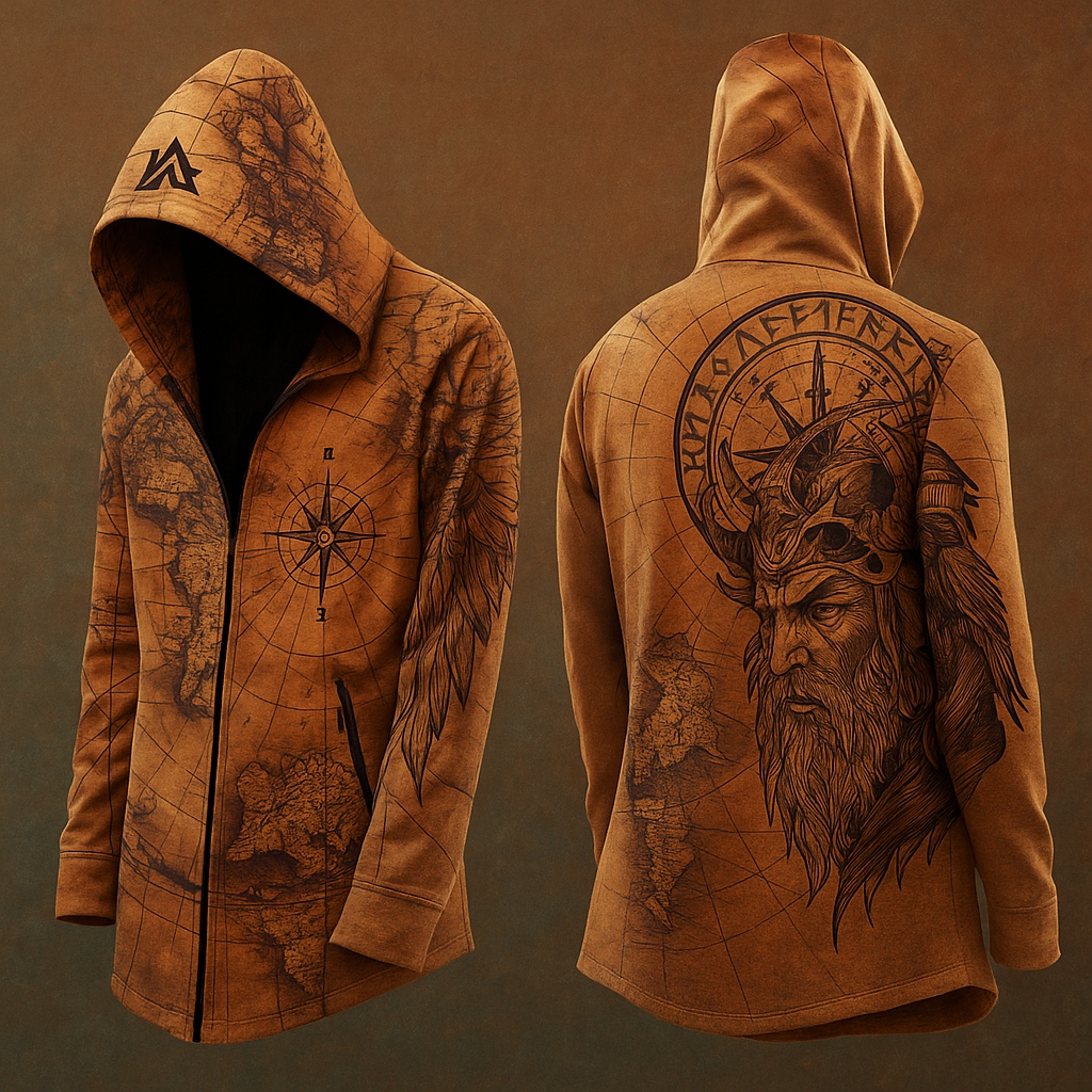 Men's Viking Tribal Runes Odin Compass Vintage Totem Hooded Jacket
