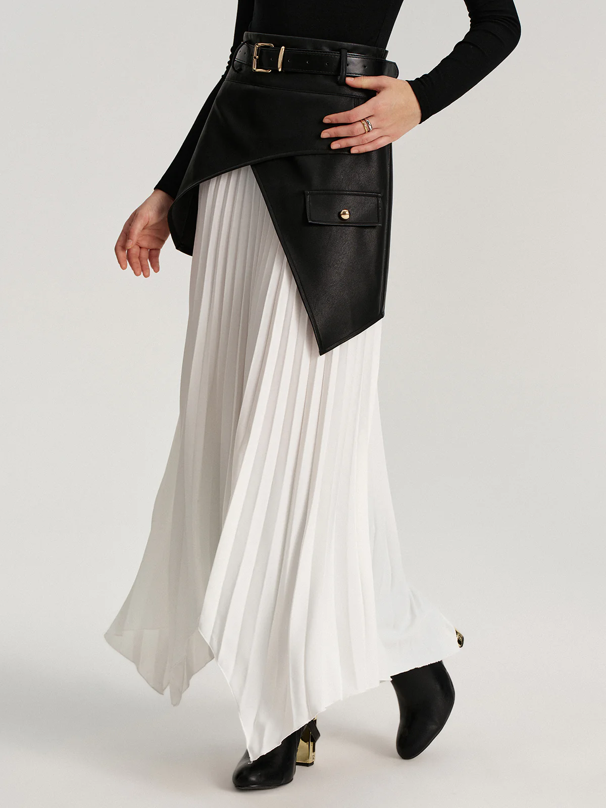 Belted Asymmetric Faux Leather Panel Pleated Maxi Skirt