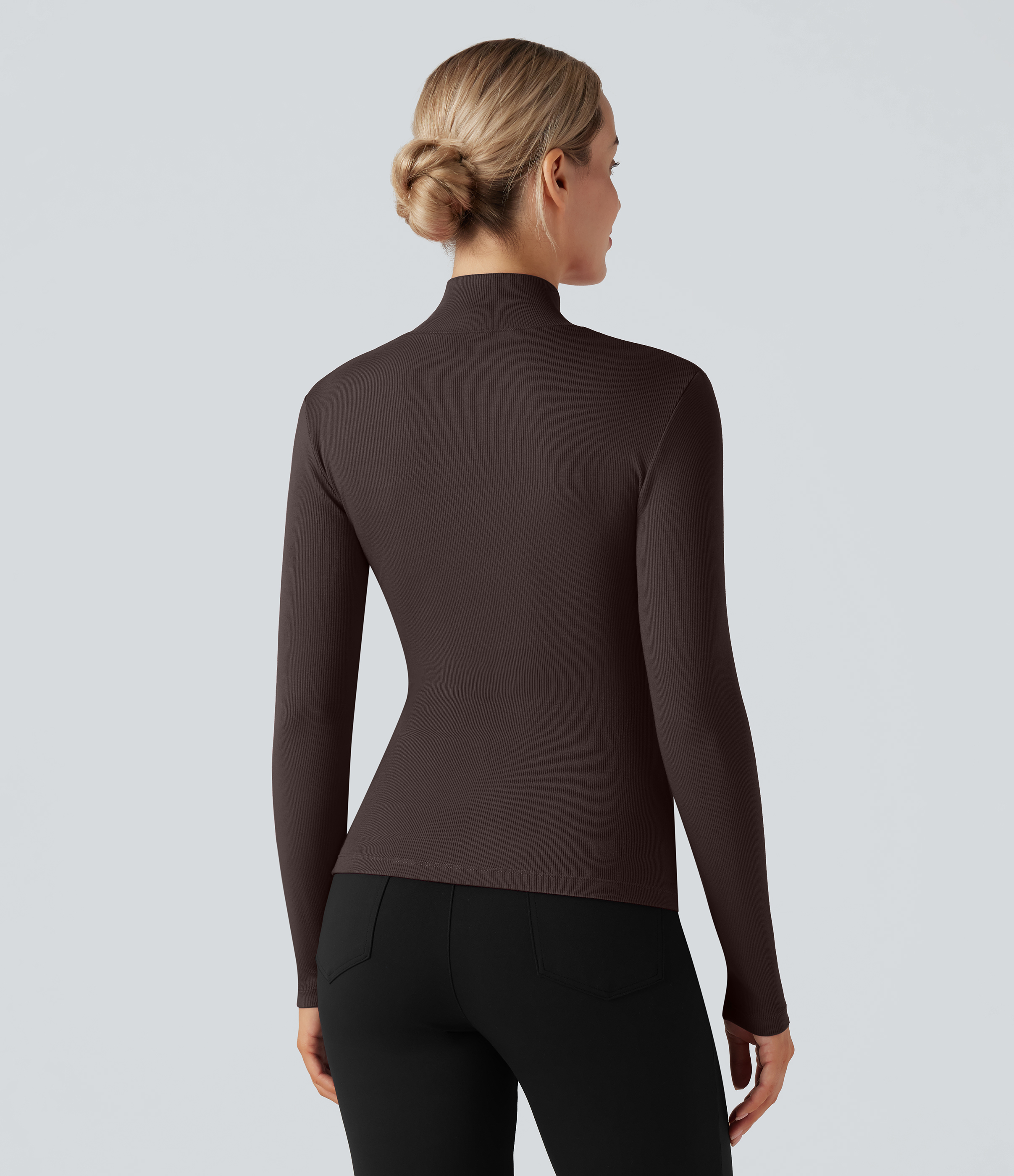 Ribbed Stand Collar Long Sleeve Work T-Shirt