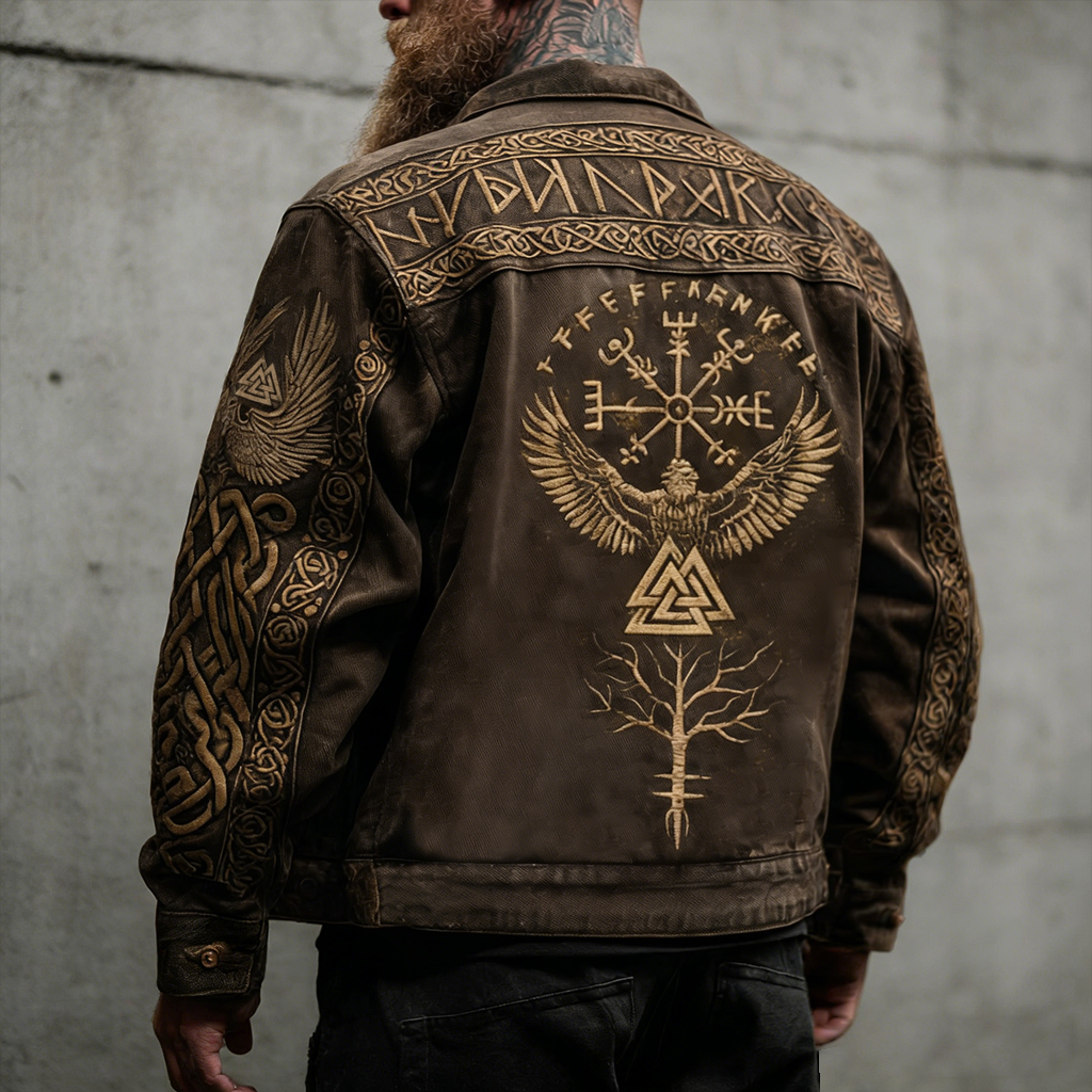 Men's Vintage Viking Valknut Life Of Tree With Birds Art Washed Denim Jacket