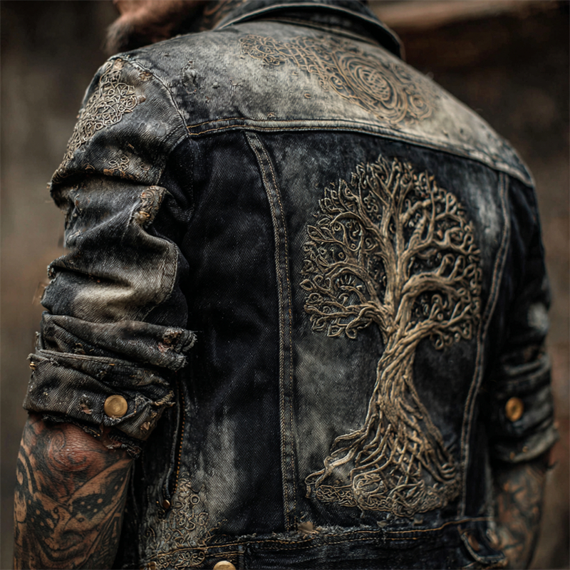 Men's Viking Tree Of Life Vintage Washed Denim Jacket
