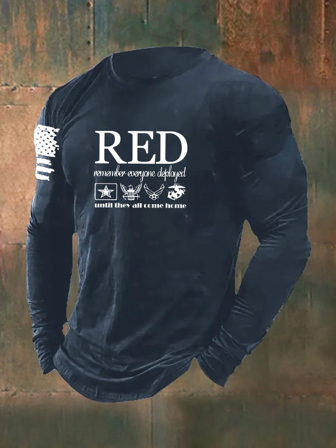 Men'S Red Remember Everyone Deployed Until They All Come Home Pattern Long Sleeve 100% Cotton T-Shirt