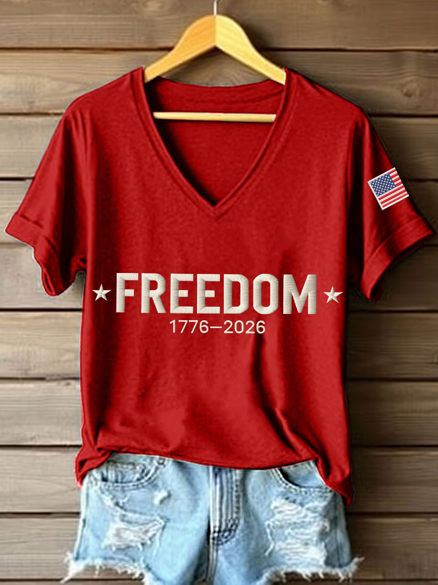 Women's America Freedom 1776–2026 Embroidered Pattern V-Neck T-Shirt