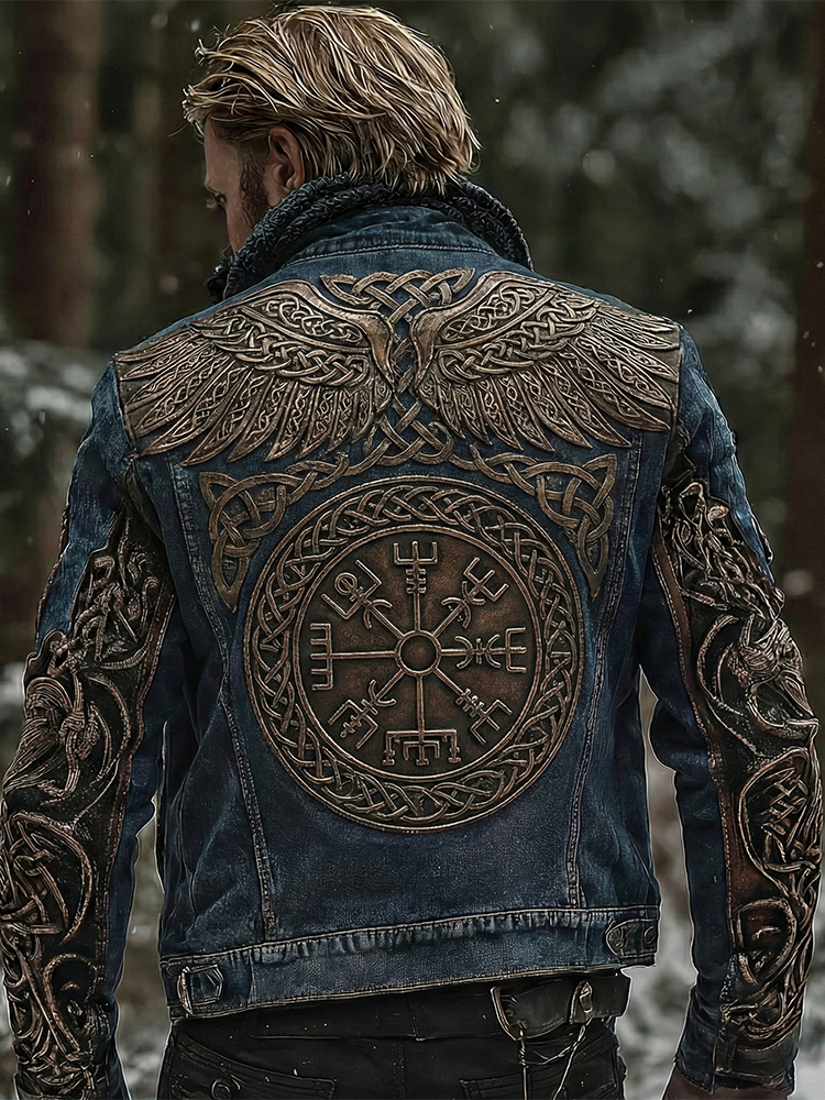 Men's Vintage Viking Celtic Wing Art Washed Denim Jacket