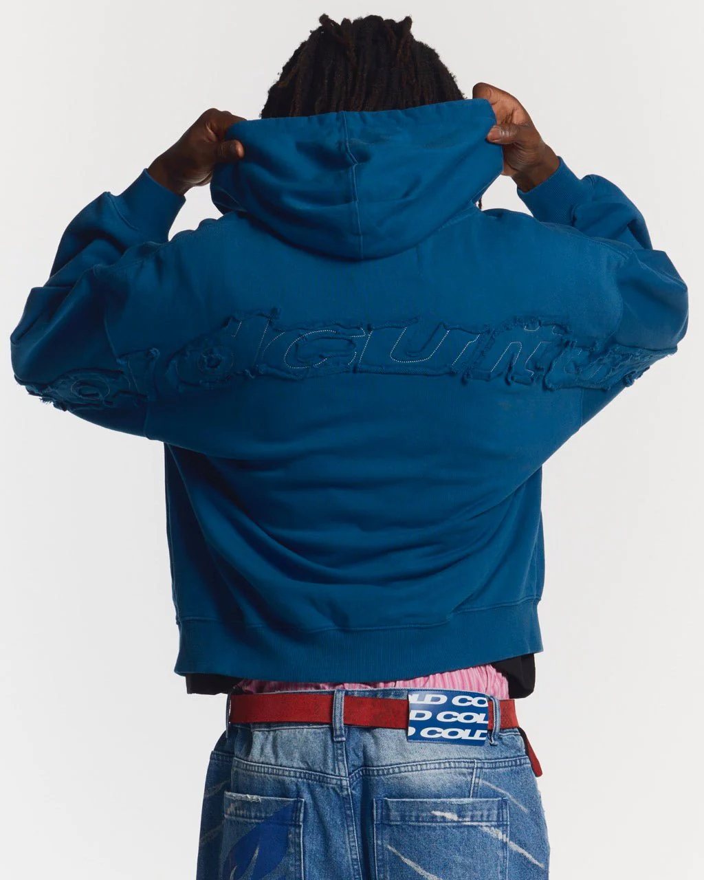 DISTRESS CURVED ZIP HOODIE DARK BLUE